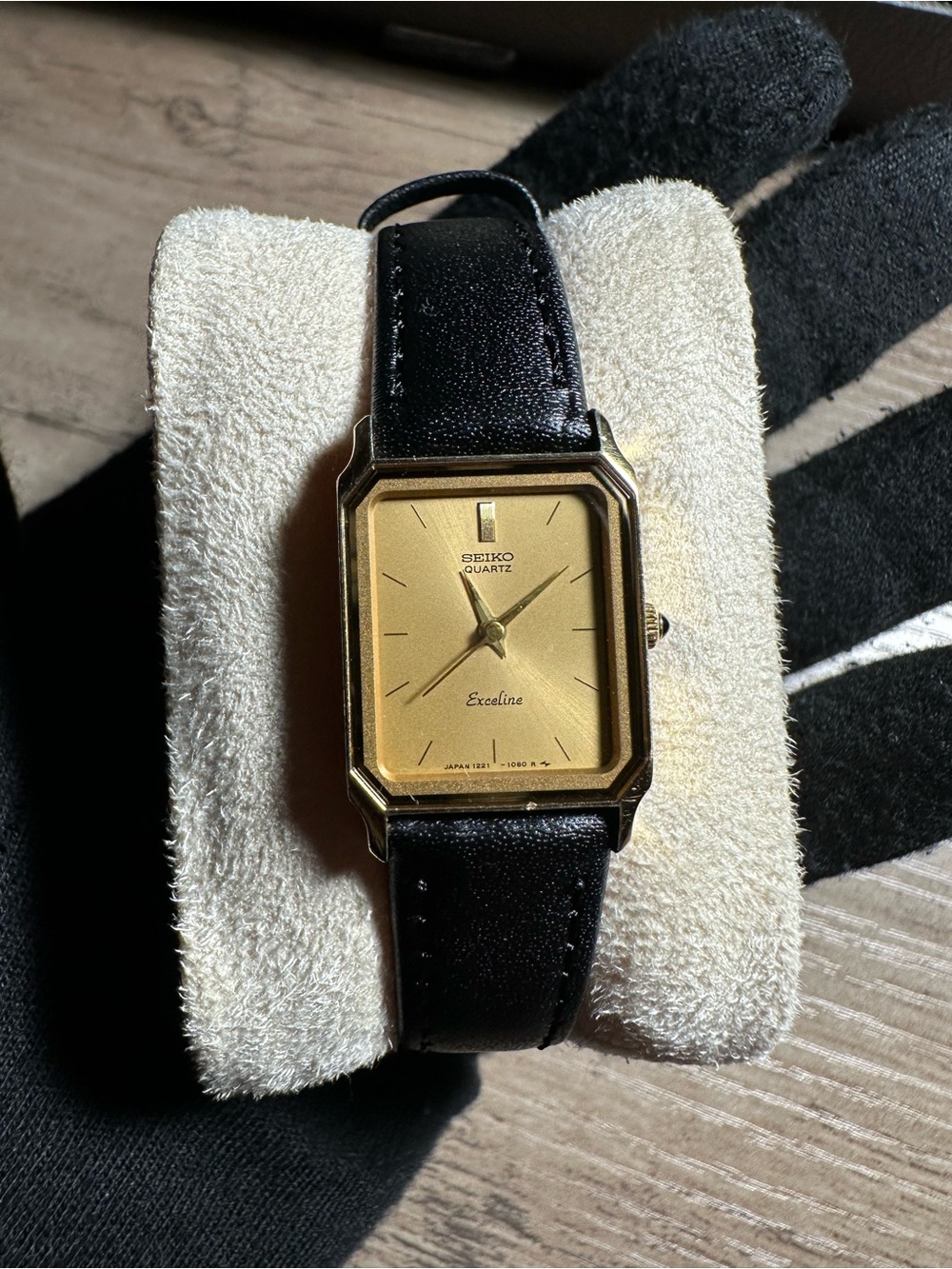 Seiko Gold Dial Black Leather Strap Rectangular Men’s Watch